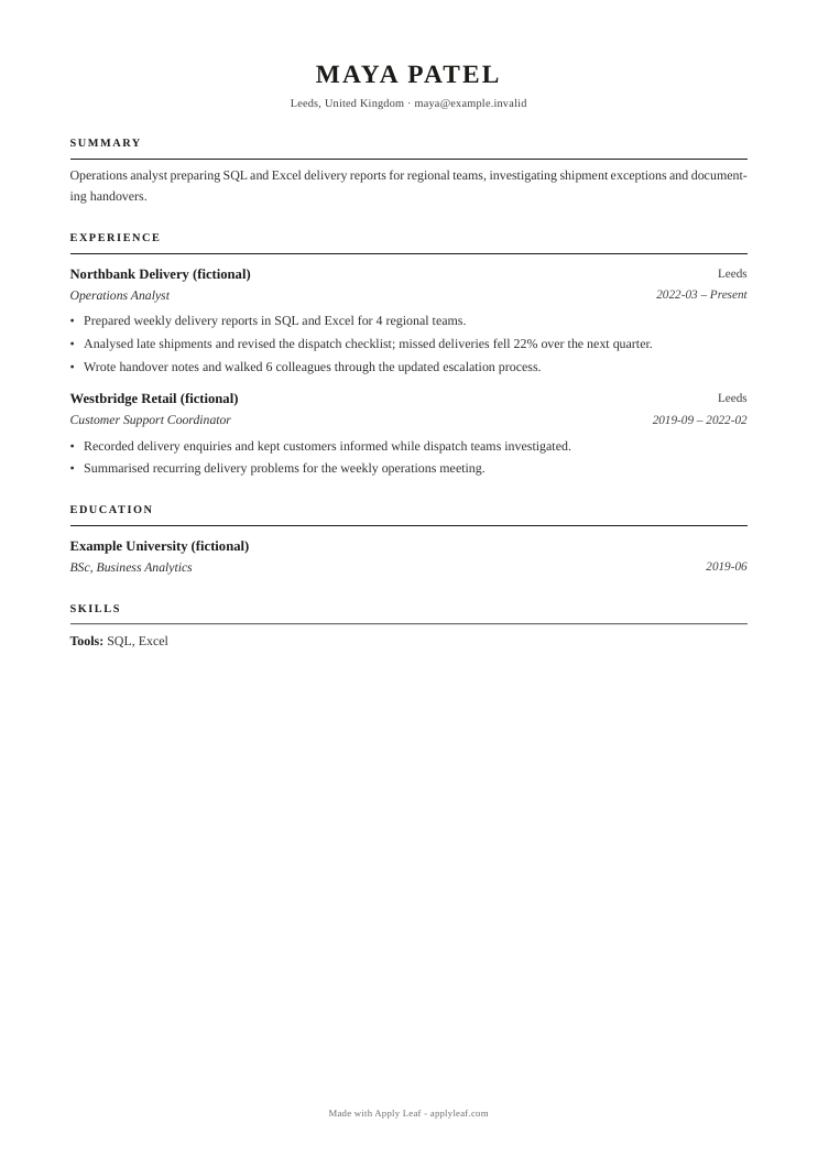 Atlas PDF page for Maya Patel's fictional Operations Analyst application